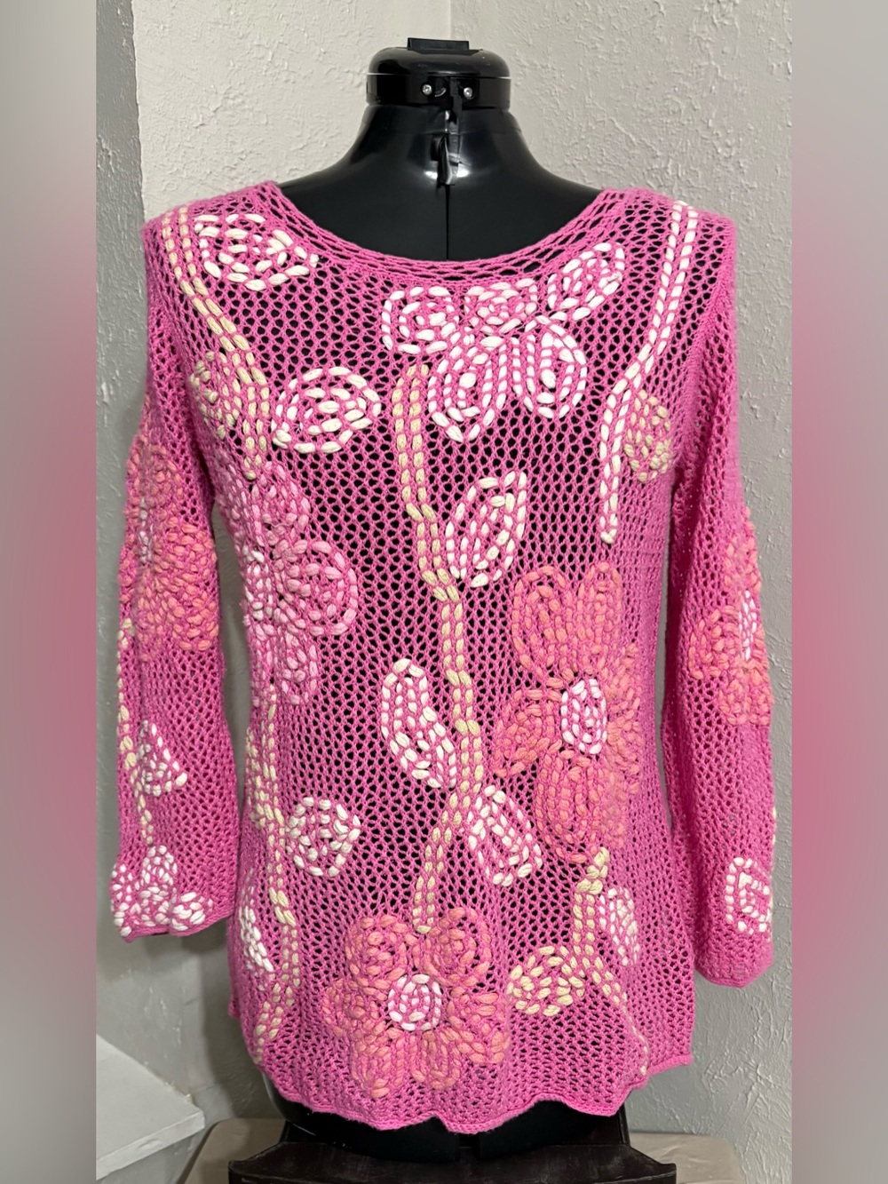 Sigrid Olsen Crochet Sweater Womens Size M Open Knit Floral Pink Linen Cotton.